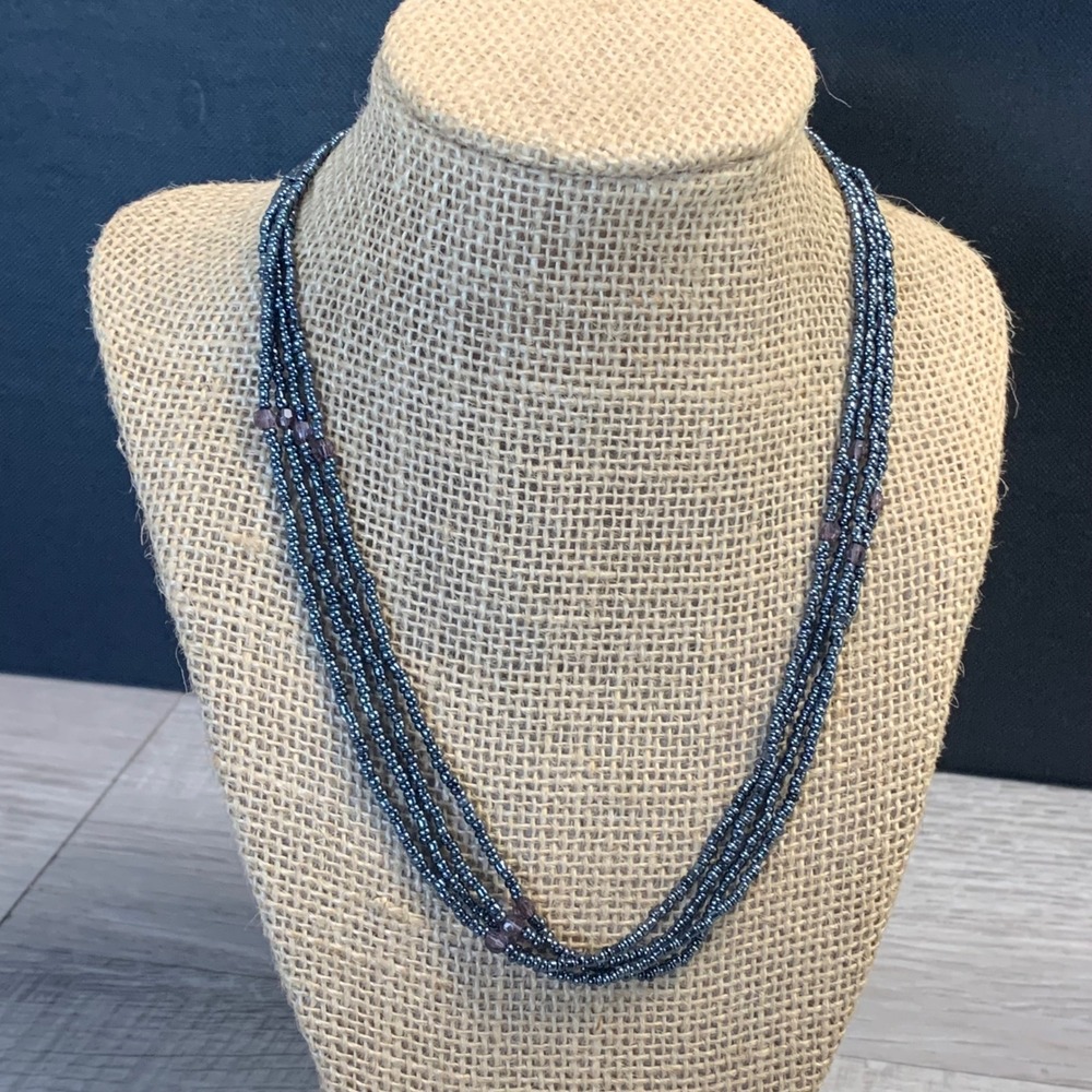 Multi Strand Seed Bead Necklace Gunmetal Black Iridescent 18 Inch Boho